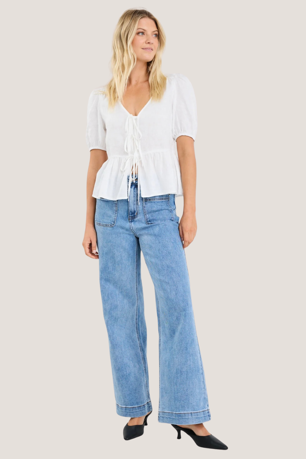 Restore Ivory Linen Tie Front Peplum SS Top