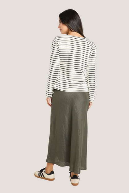 Bliss Khaki Linen Bias Midi Skirt