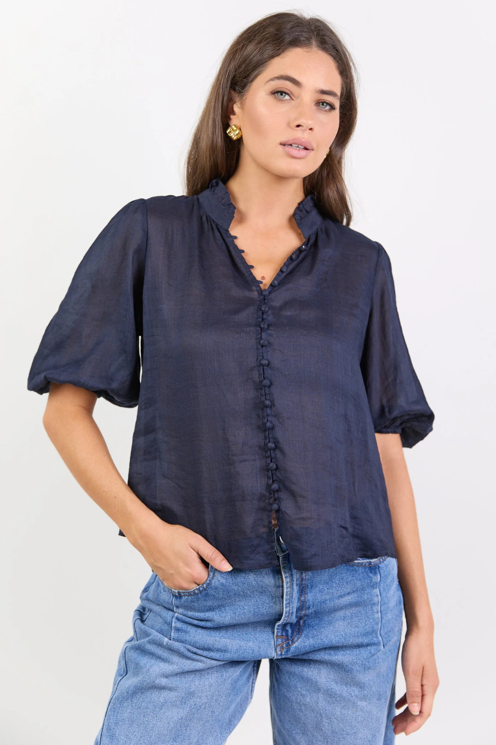 Continuance Navy Ramie High Neck Buttoned SS Top