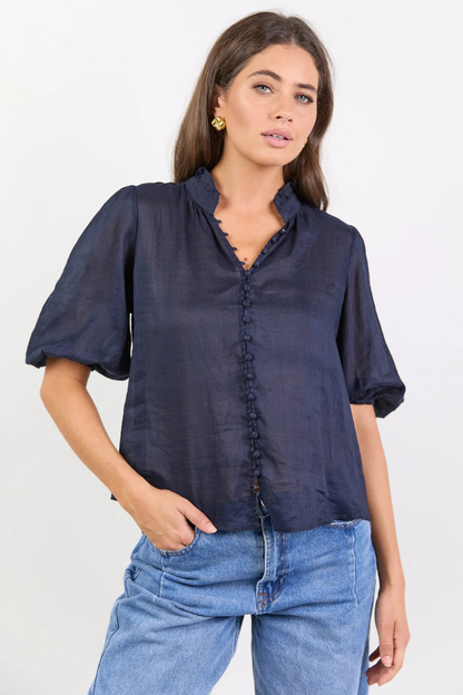 Continuance Navy Ramie High Neck Buttoned SS Top