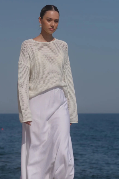 Lagos White Linen Blend Bias Maxi Skirt