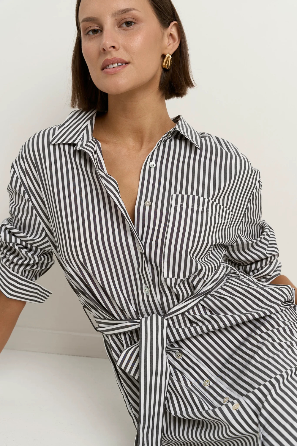 Forward Black Stripe Cotton Midi Shirt Dress