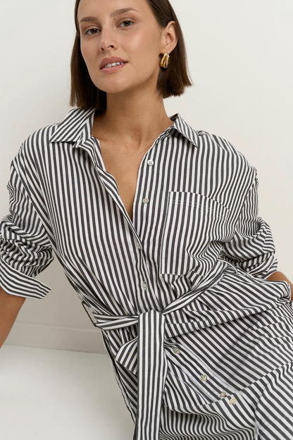 Forward Black Stripe Cotton Midi Shirt Dress