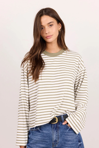 Unite Khaki White Stripe Long Sleeve Contrast Binding Boxy Tee