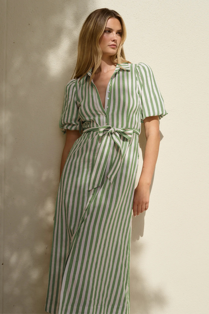 Kindred Moss Stripe Puff Sleeve Midi Shirt Dress