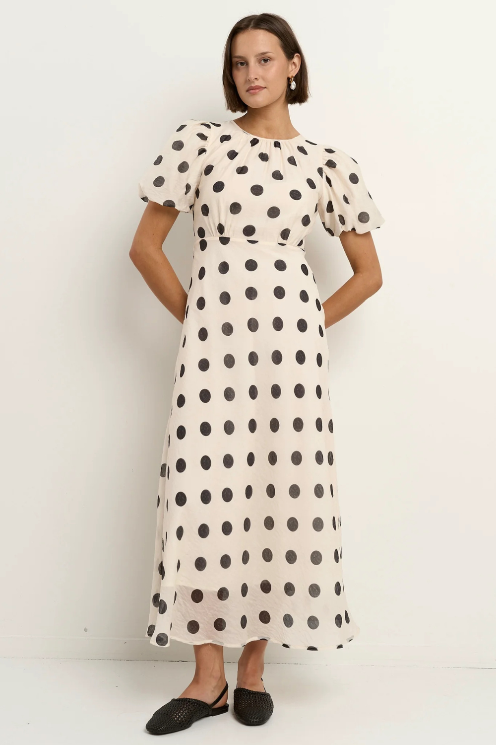 Stage Cream Black Polka Dot Puff Sleeve Floaty Maxi Dress