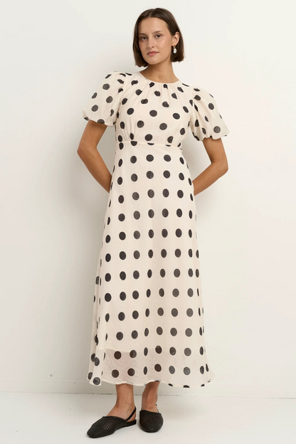 Stage Cream Black Polka Dot Puff Sleeve Floaty Maxi Dress