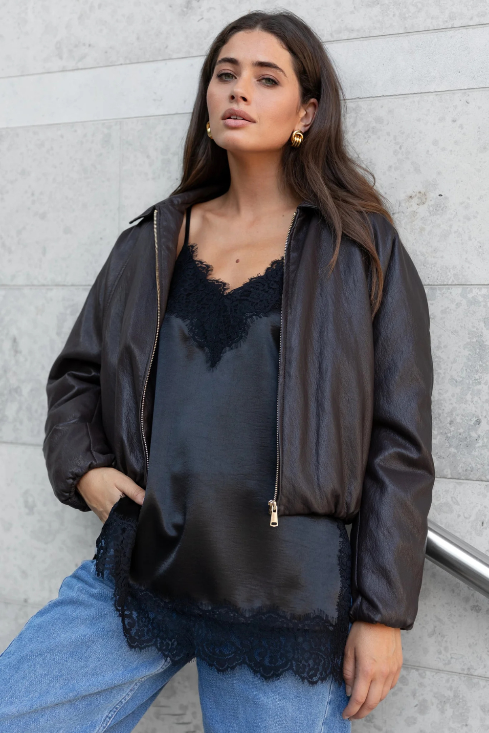 Troupe Chocolate PU Leather Zip Through Bubble Hem Bomber Jacket