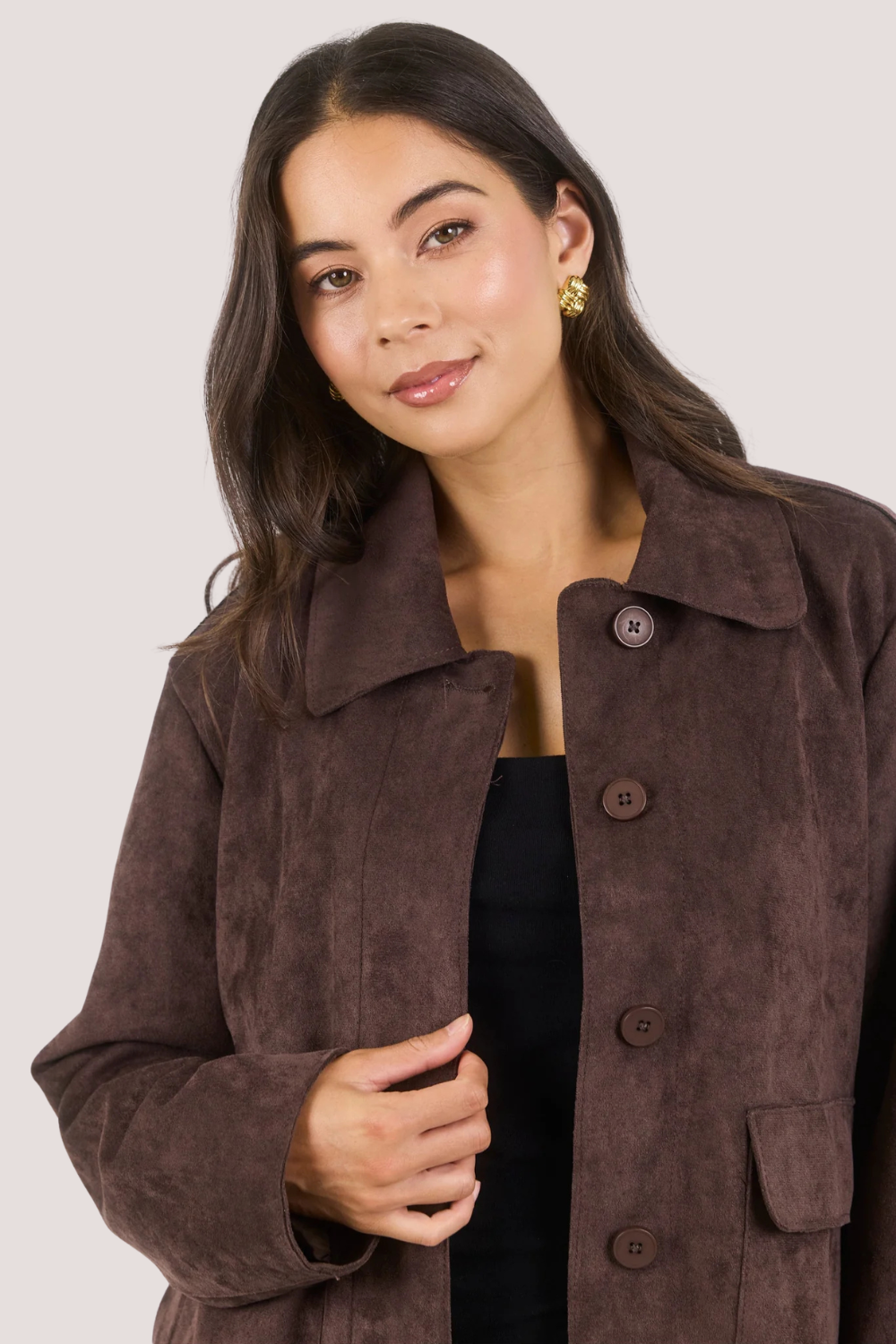 Exhibit Chocolate Faux Suede Button Front Cropped Jacket