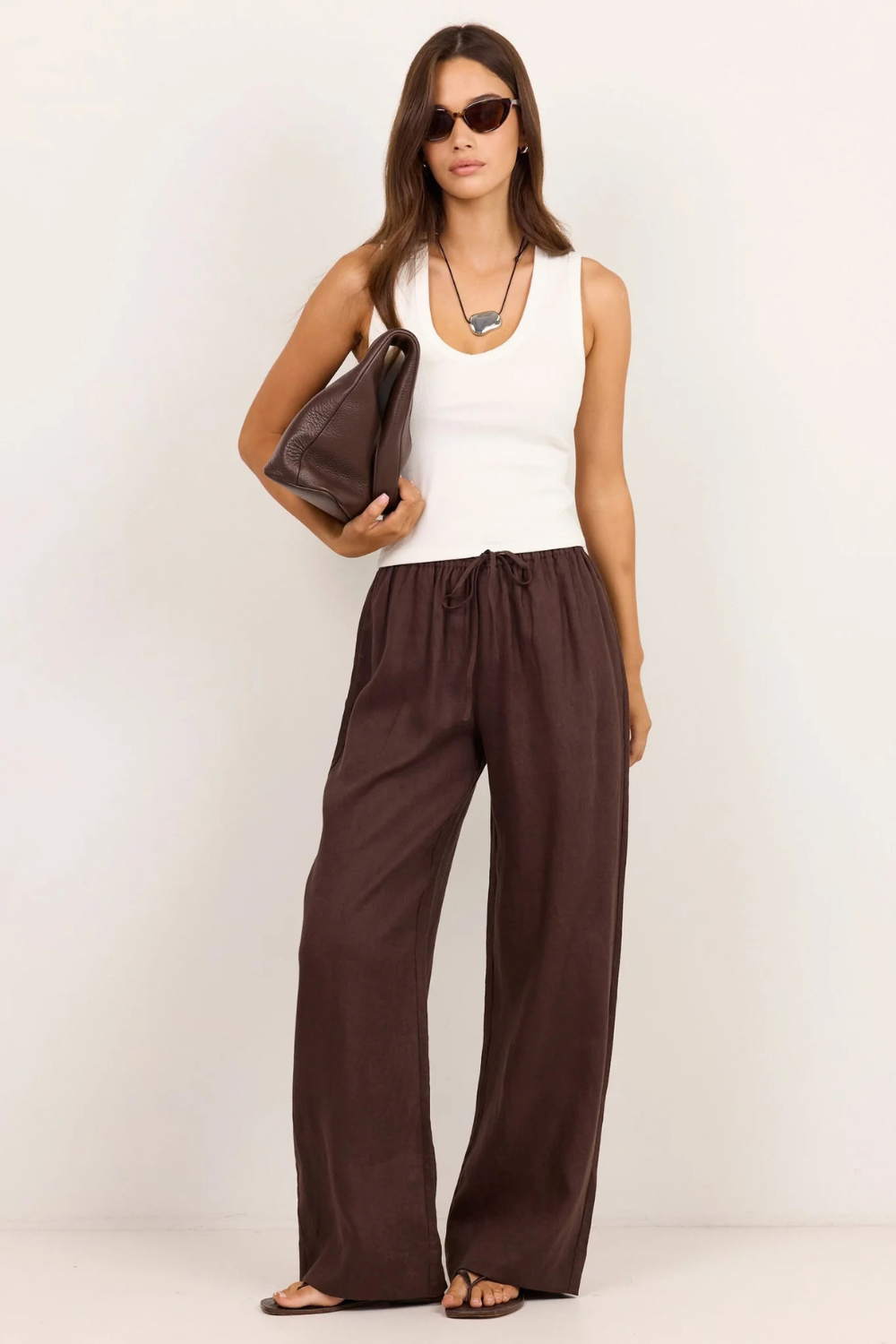 Wellness Dark Chocolate Linen Pull On Wide Leg Pants