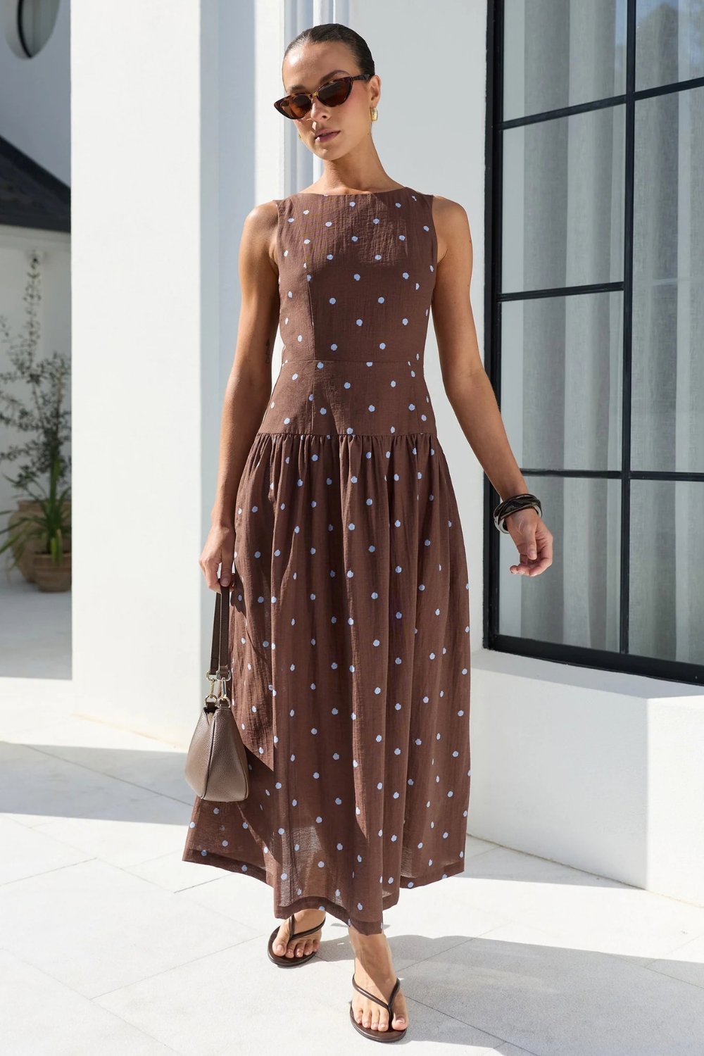 Results Mocha Blue Polka Dot Shirred Back Sleeveless Maxi Dress