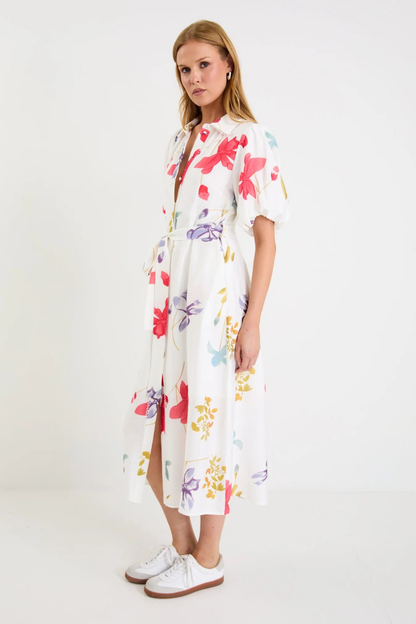 Jasmine Cream Poppy Floral Puff Sleeve Long Shirt Dress