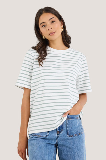 Binding Khaki White Stripe Boxy Fit Tee