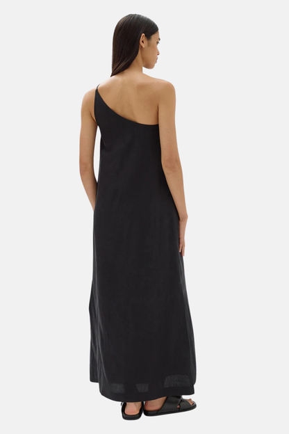 Farriday Linen Silk Asymmetric Midi Dress | Black
