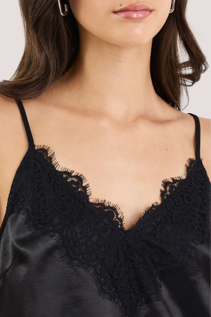 Noir Black Satin Lace Trim Cami