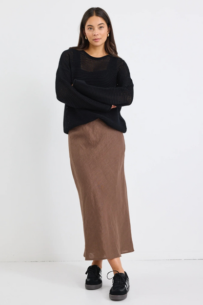 Bliss Dark Chocolate Linen Bias Midi Skirt