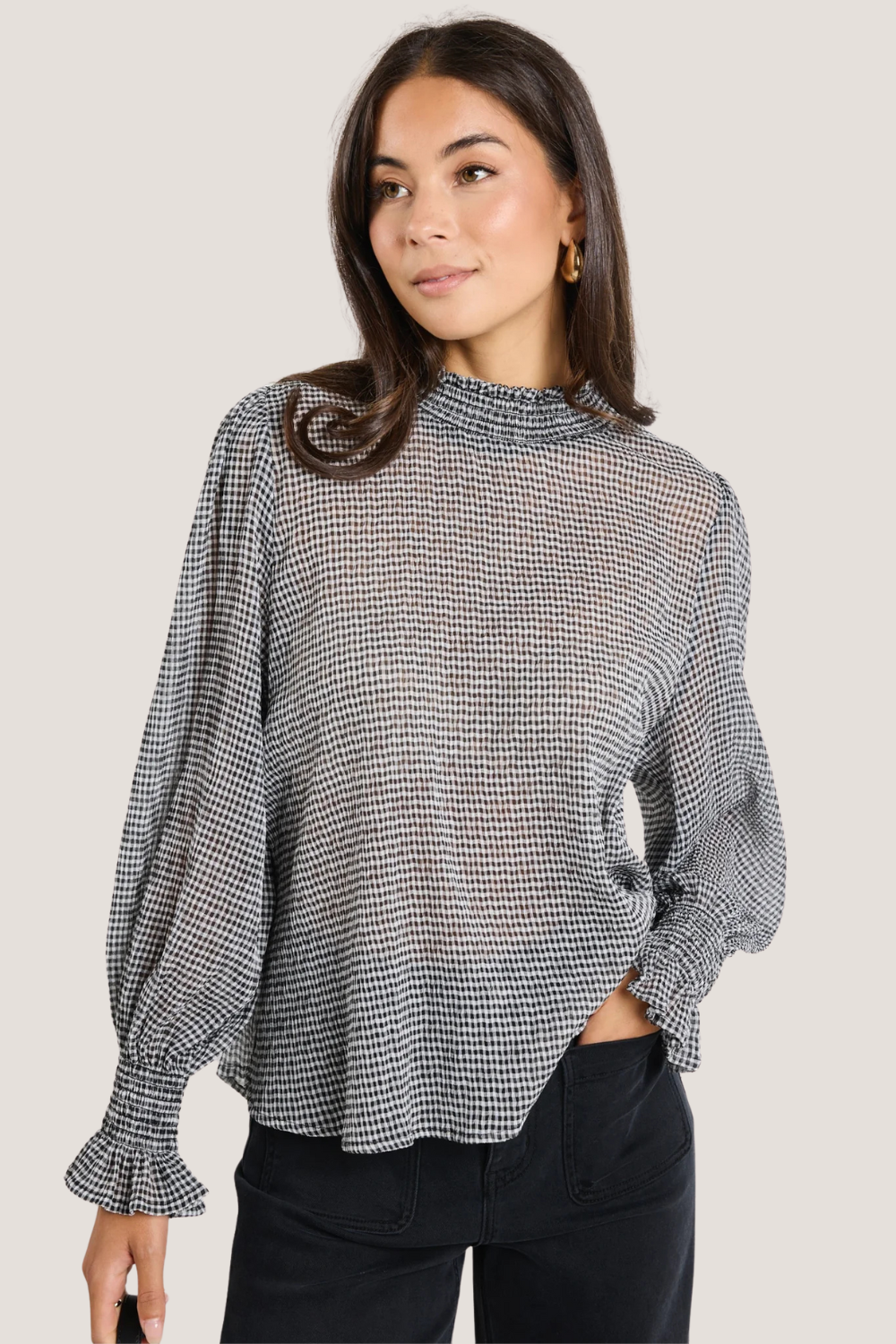 Emphatic Black Gingham Crinkle Shirred Neck LS Top