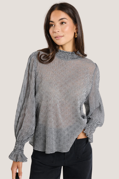 Emphatic Black Gingham Crinkle Shirred Neck LS Top