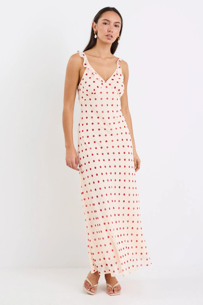 Delightful Cream Cherry Polka Dot Georgette Bias Slip Maxi Dress
