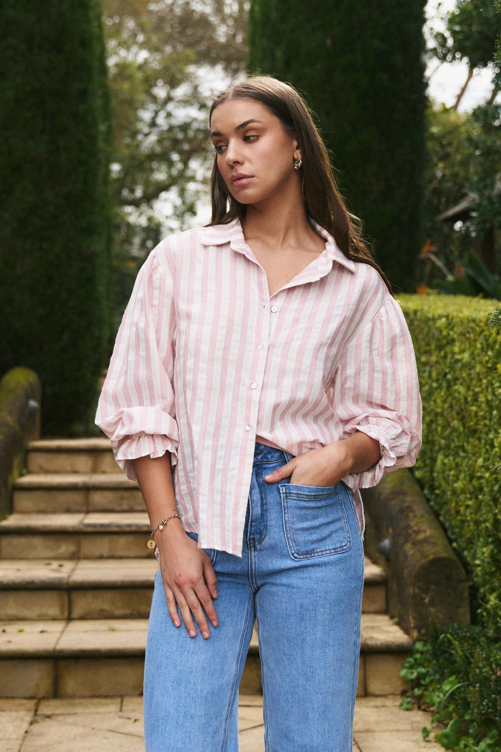 Connection Pink Stripe Button Front Blouse