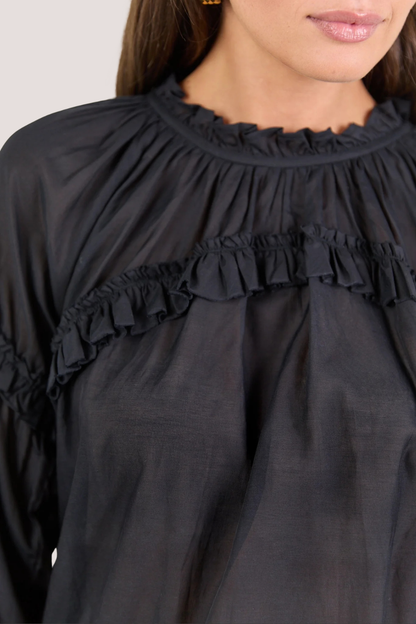 Manifest Black Voile Frill Detail LS Top