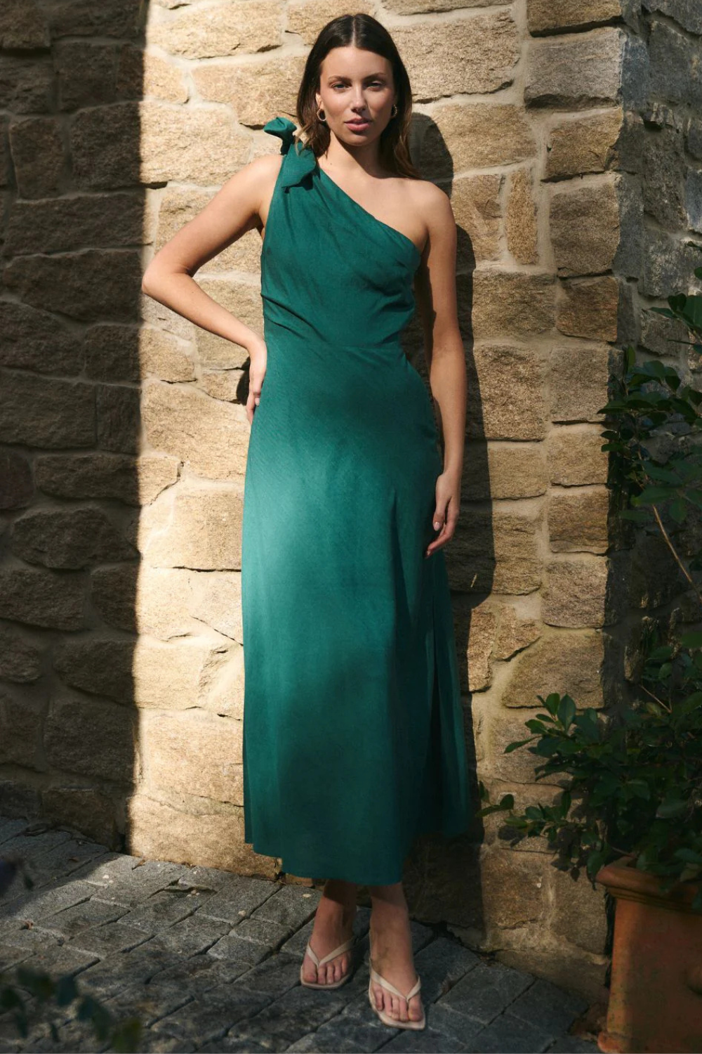 Mirror Forest Linen Blend One Shoulder Bow Midi Dress