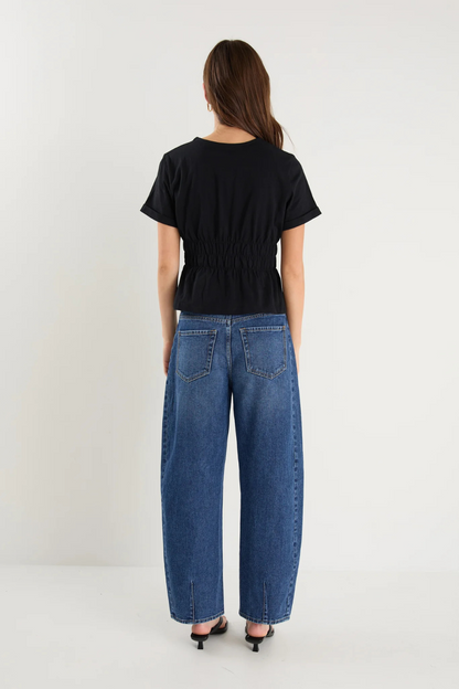 Svelte Black Shirred Detail SS Tee
