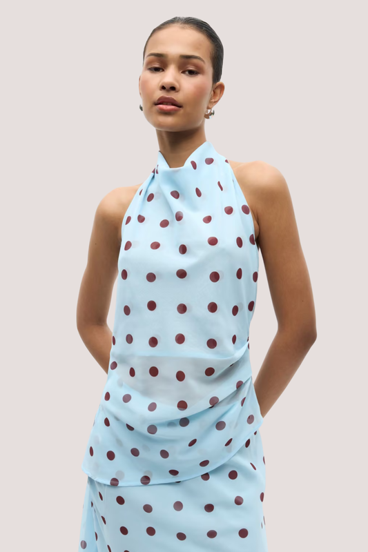 Enyarsi Tie Top | Blue Maroon Polka Dot