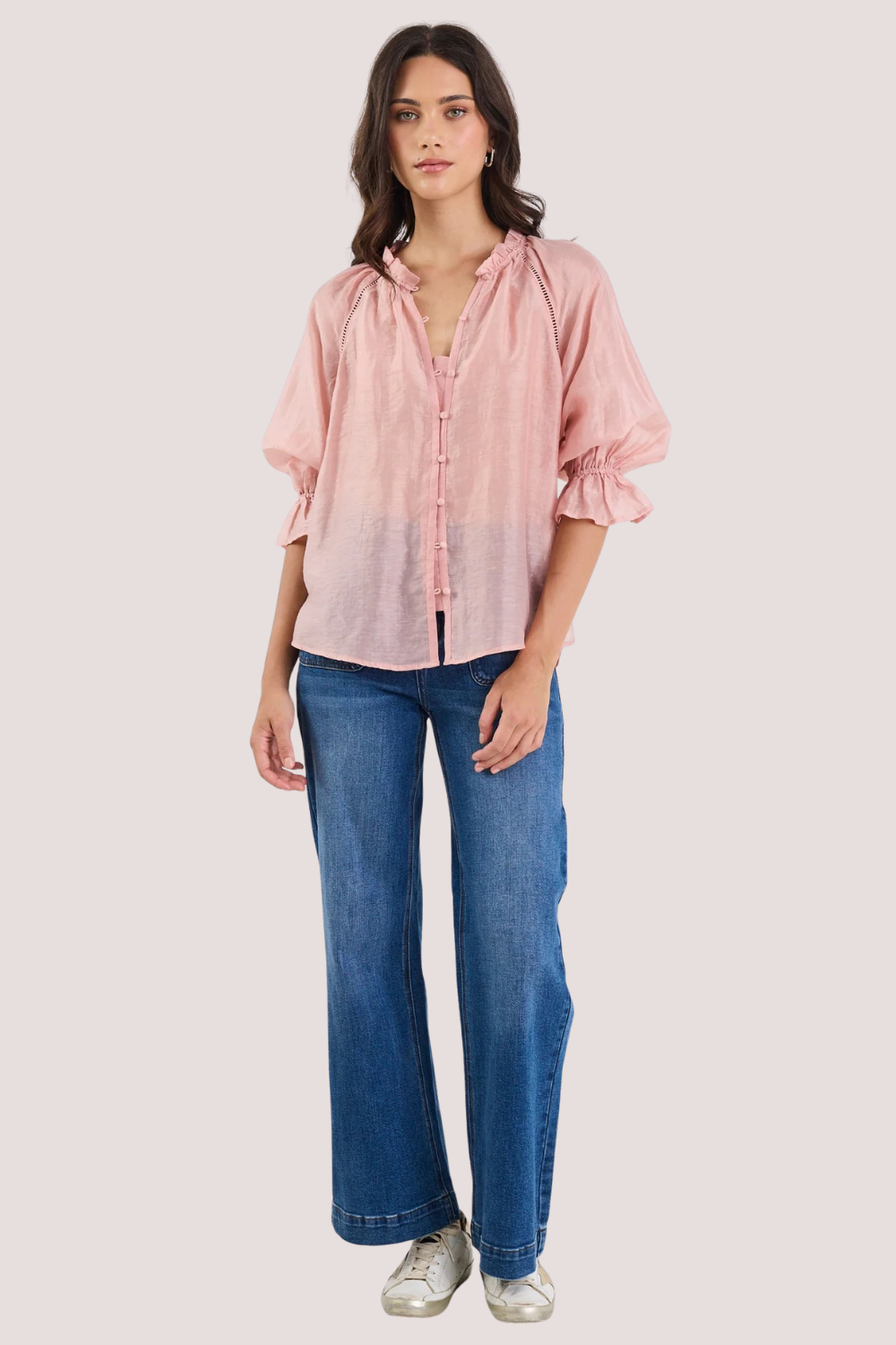Encounter Blush Textured SS Gathered Button Front Top