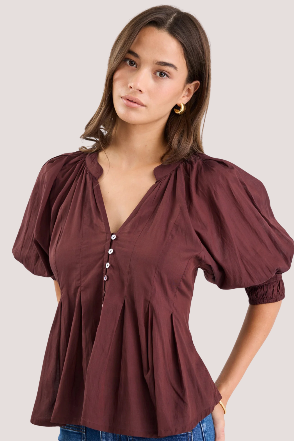 Esteem Chocolate Voile Pleated Short Sleeve Button-Through Top