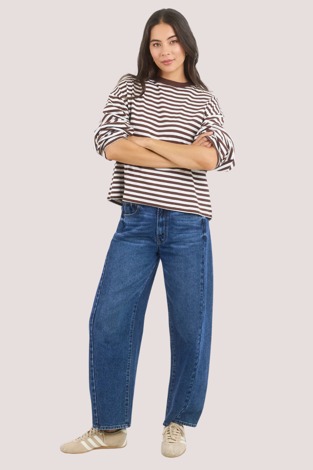 Unite Chocolate White Stripe Long Sleeve Contrast Binding Tee