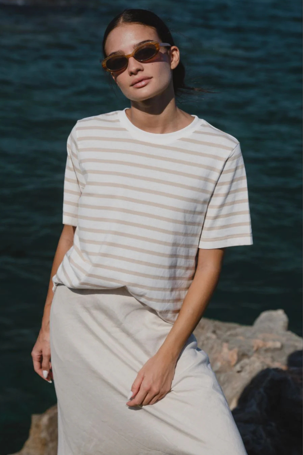 Binding White Natural Stripe Boxy Fit Tee