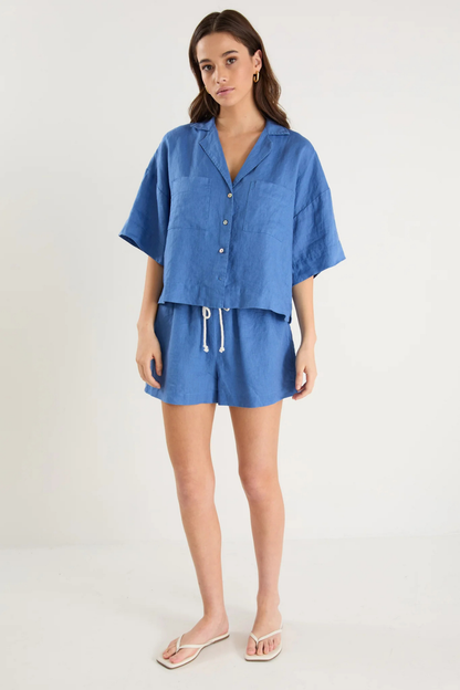 Drift Cornflower Blue Linen Pull On Shorts