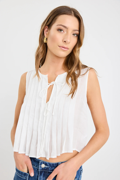 Origami Ivory Ramie Pleated Sleeveless Tie Top