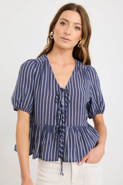 Restore Navy Stripe Tie Front Peplum SS Top