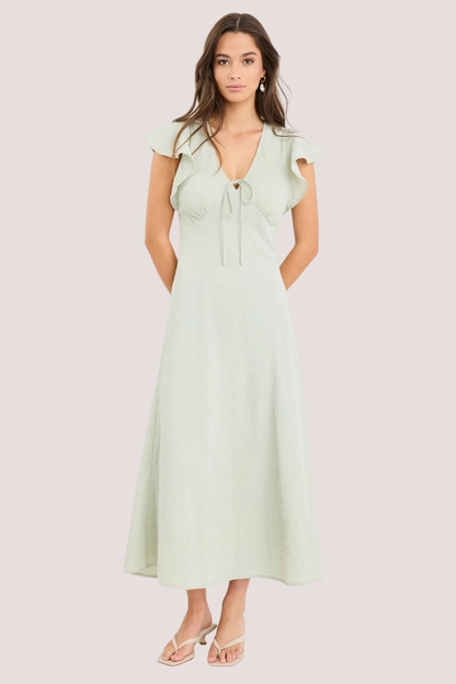 Ovation Sage Gingham Flutter SS Keyhole Tie Midi Dress