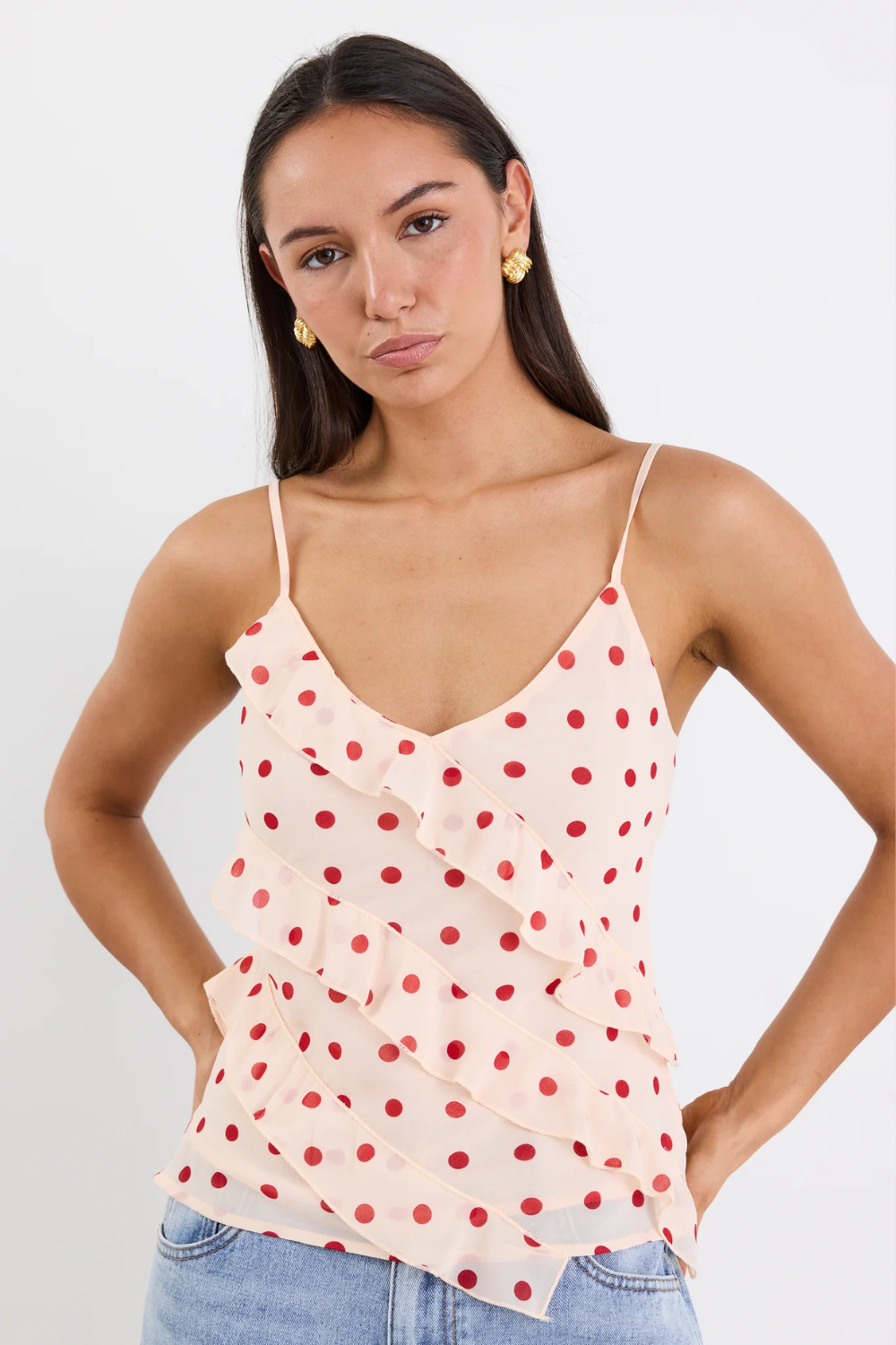 Outgoing Cream Cherry Polka Dot Frill Front Cami Top