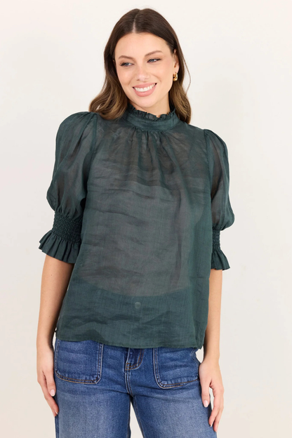 Verse Petrol Sheer High Neck Short Sleeve Top