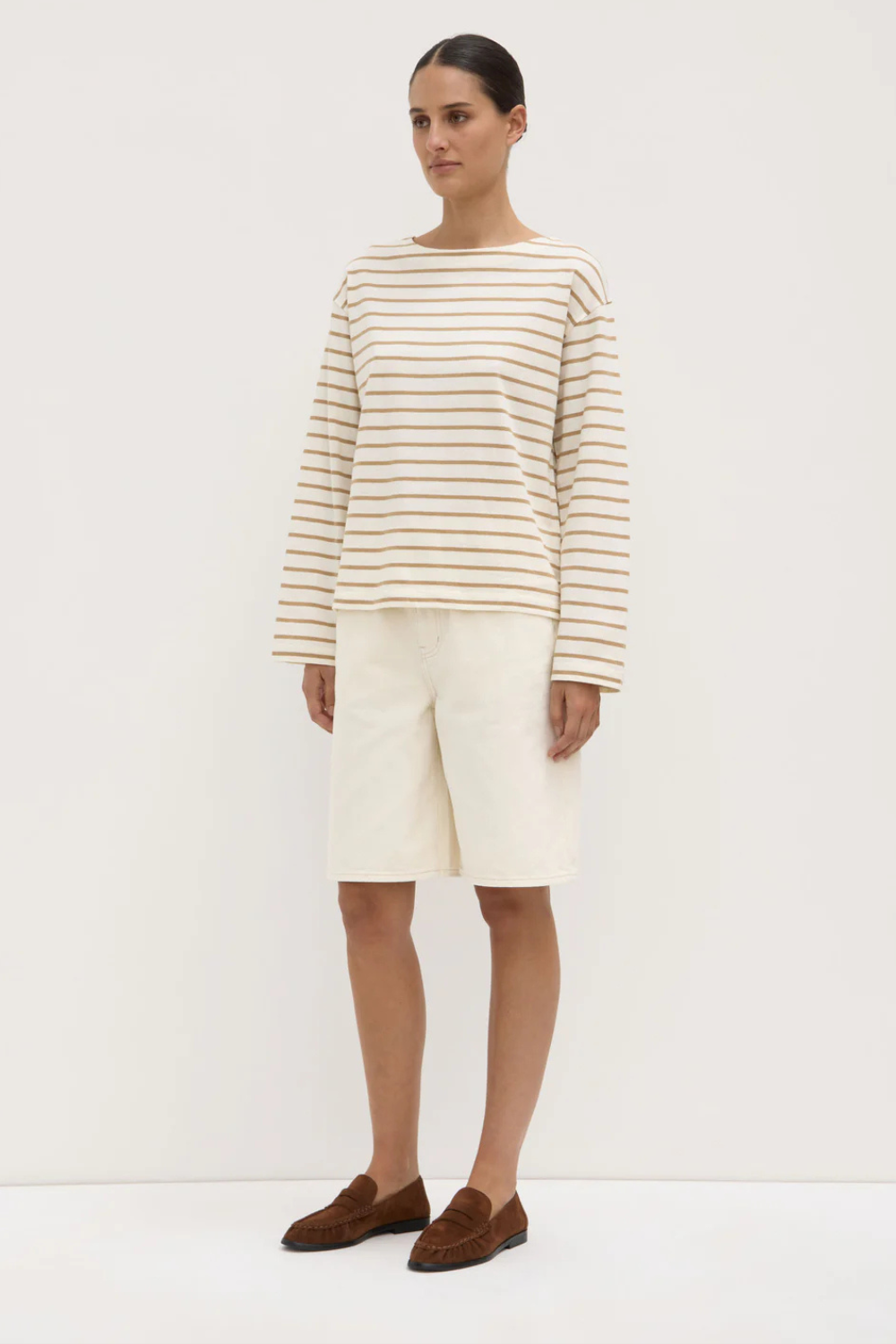 Bonne Long Sleeve Tee | White/Tan