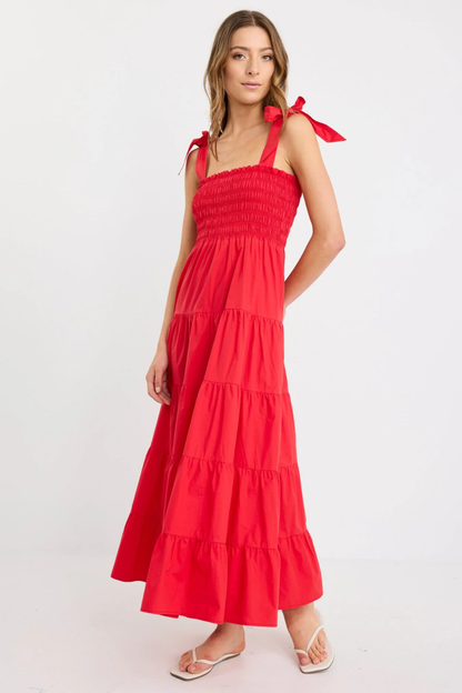 Isabella Cherry Red Cotton Poplin Shrappy Tiered Maxi Dress