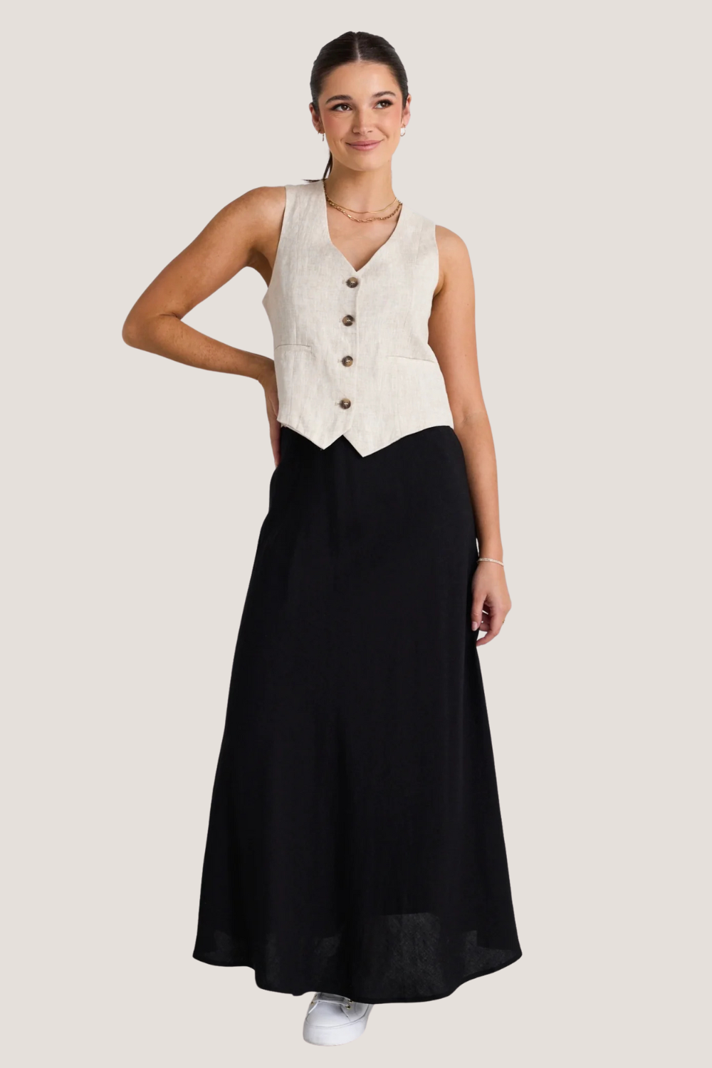 Lagos Black Linen Floaty Bias Cut Maxi Skirt