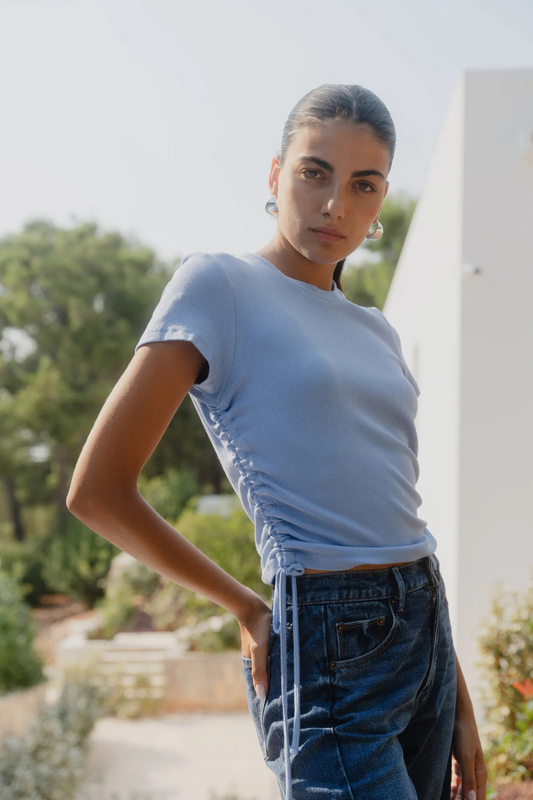 Perfect Pale Blue Rib Rouched Side Crop Tee