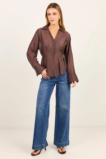 Sundial Chocolate Semi Sheer Corset Detail Waist Shirt