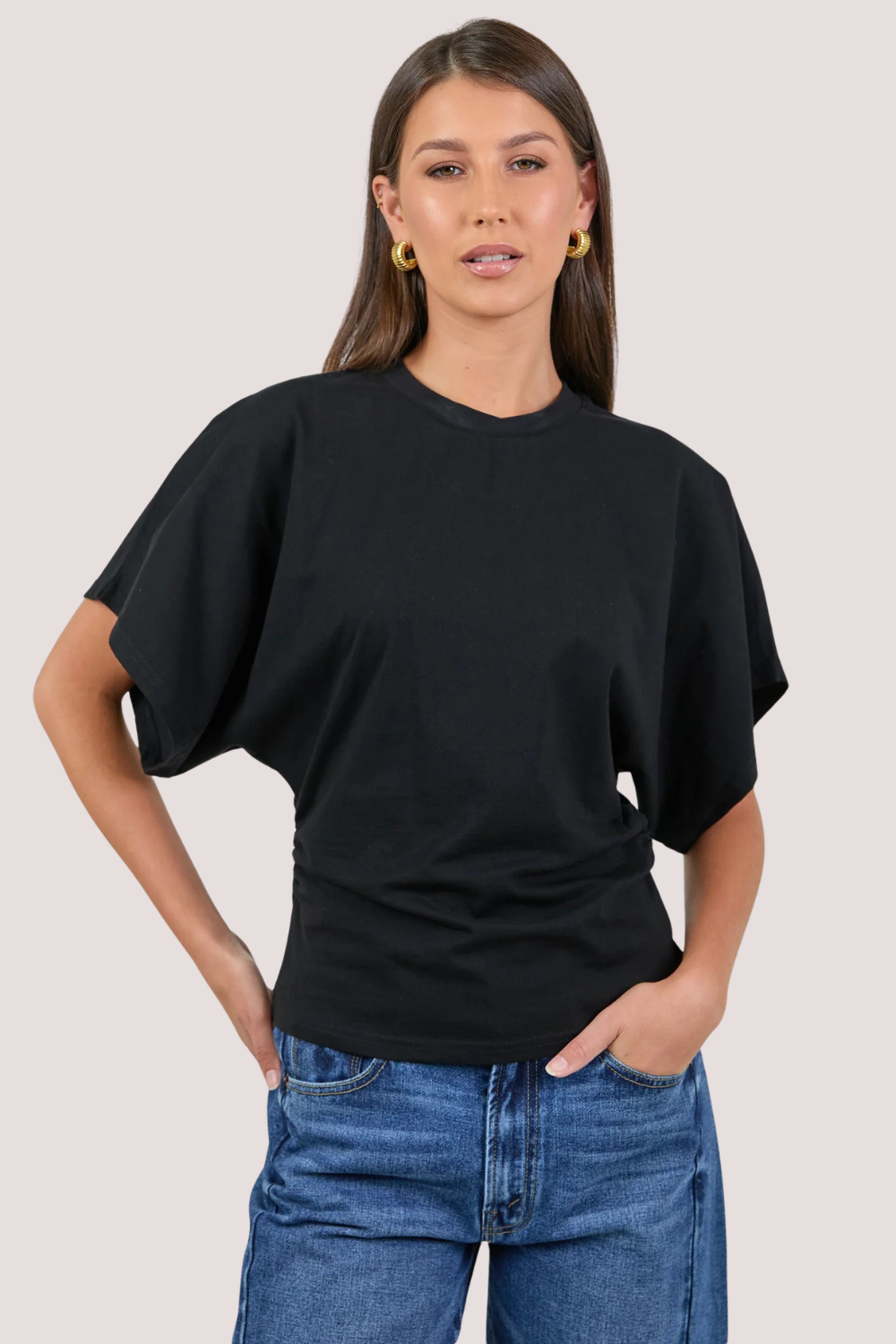 Cadence Black Cotton Gathered Waist Detail Short Sleeve Tee