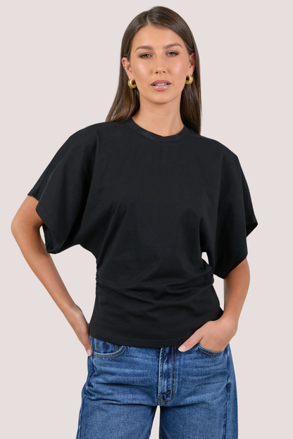 Cadence Black Cotton Gathered Waist Detail Short Sleeve Tee