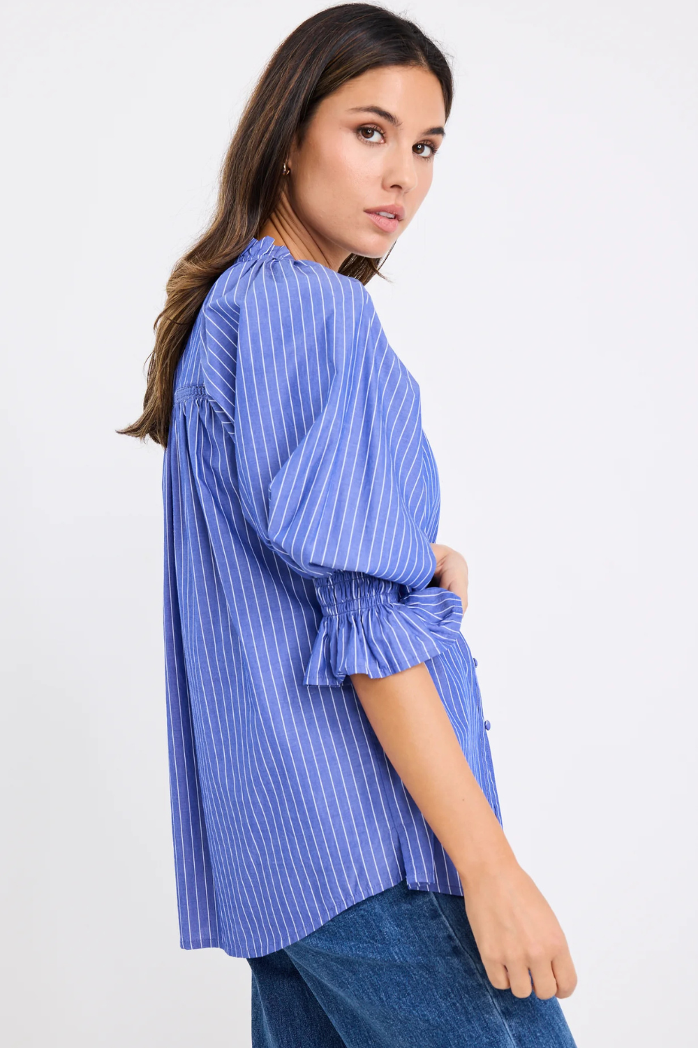Noetic Dark Blue Stripe Short Sleeve Blouse