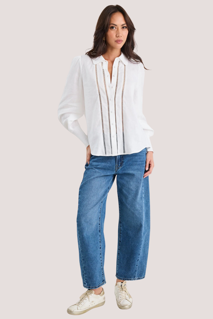 Zinnia White Ramie Lace Trim Long Sleeve Shirt