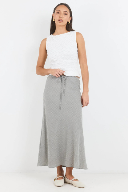 Summit Khaki Mini Gingham Tie Waist Bias Maxi Skirt