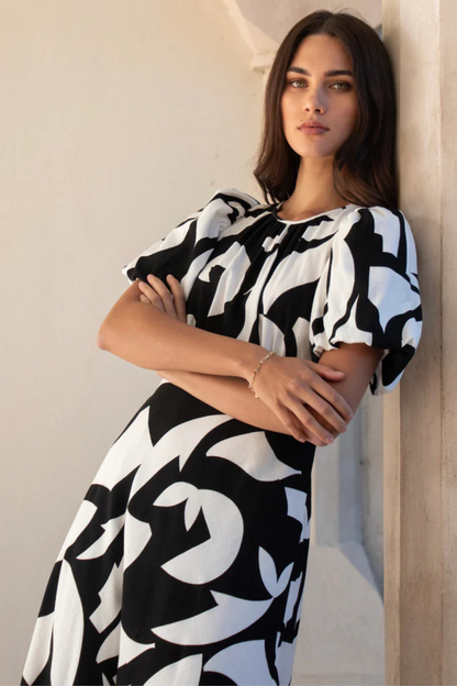 Stage Black Ivory Cut Out Print Puff Sleeve Floaty Maxi Dress