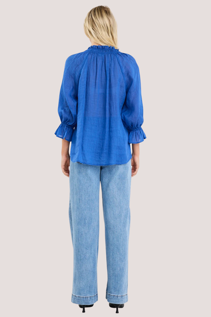 Expedition Blue Shirred Neck Short Seeve Top